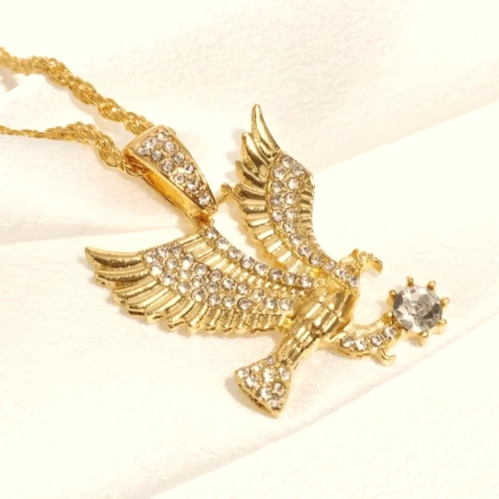 🆕Stainless Steel 18K Gold Plated w/Inlaid Cubic Zirconia Eagle Pendant